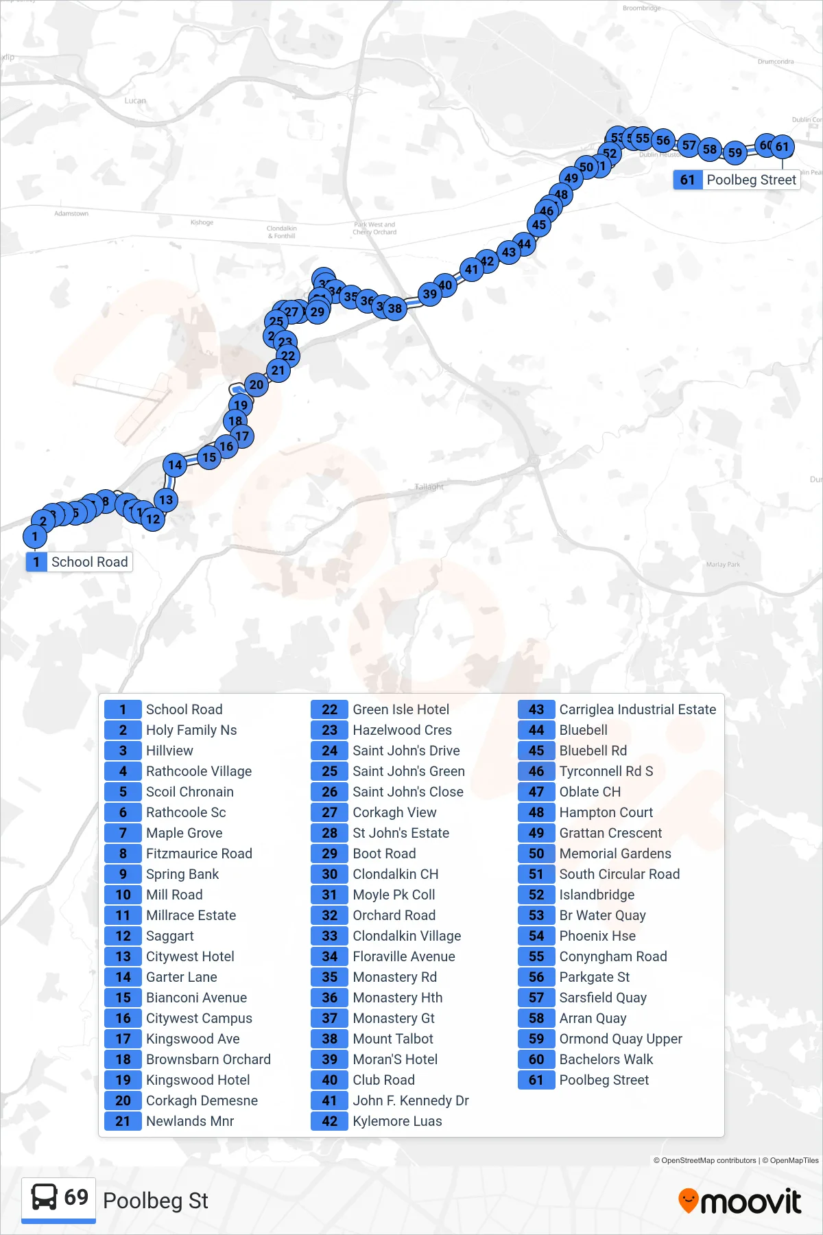 69 bus Line (Poolbeg St) route and stops on a map
