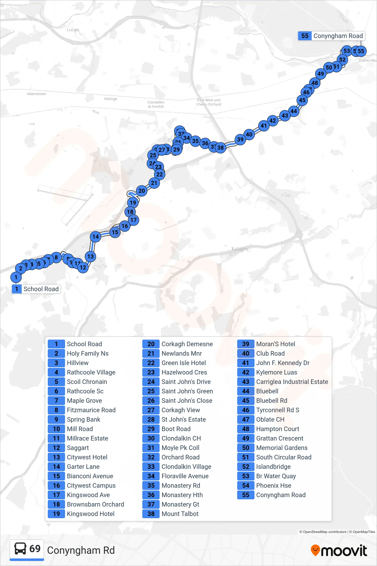 69 bus Line (Conyngham Rd) route and stops on a map