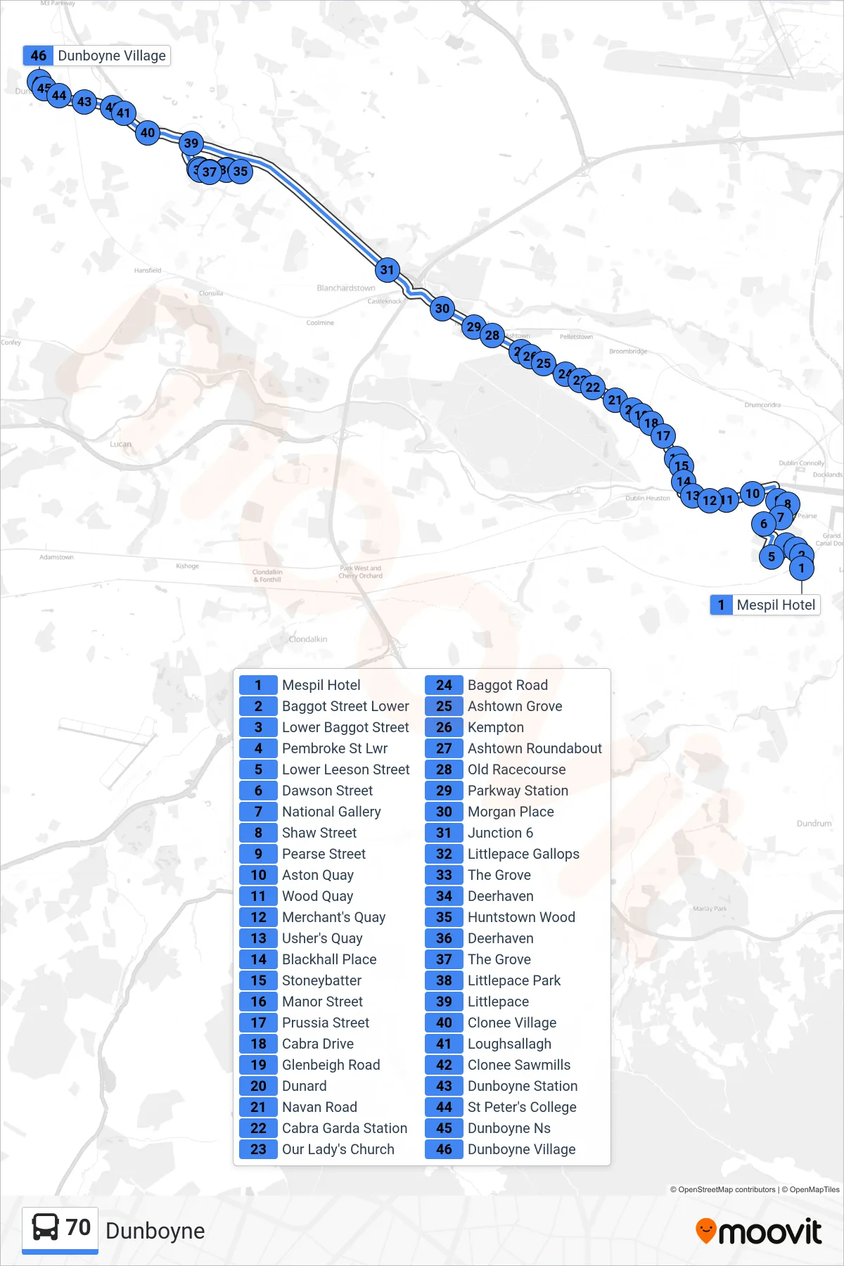 70 bus Line (Dunboyne) route and stops on a map