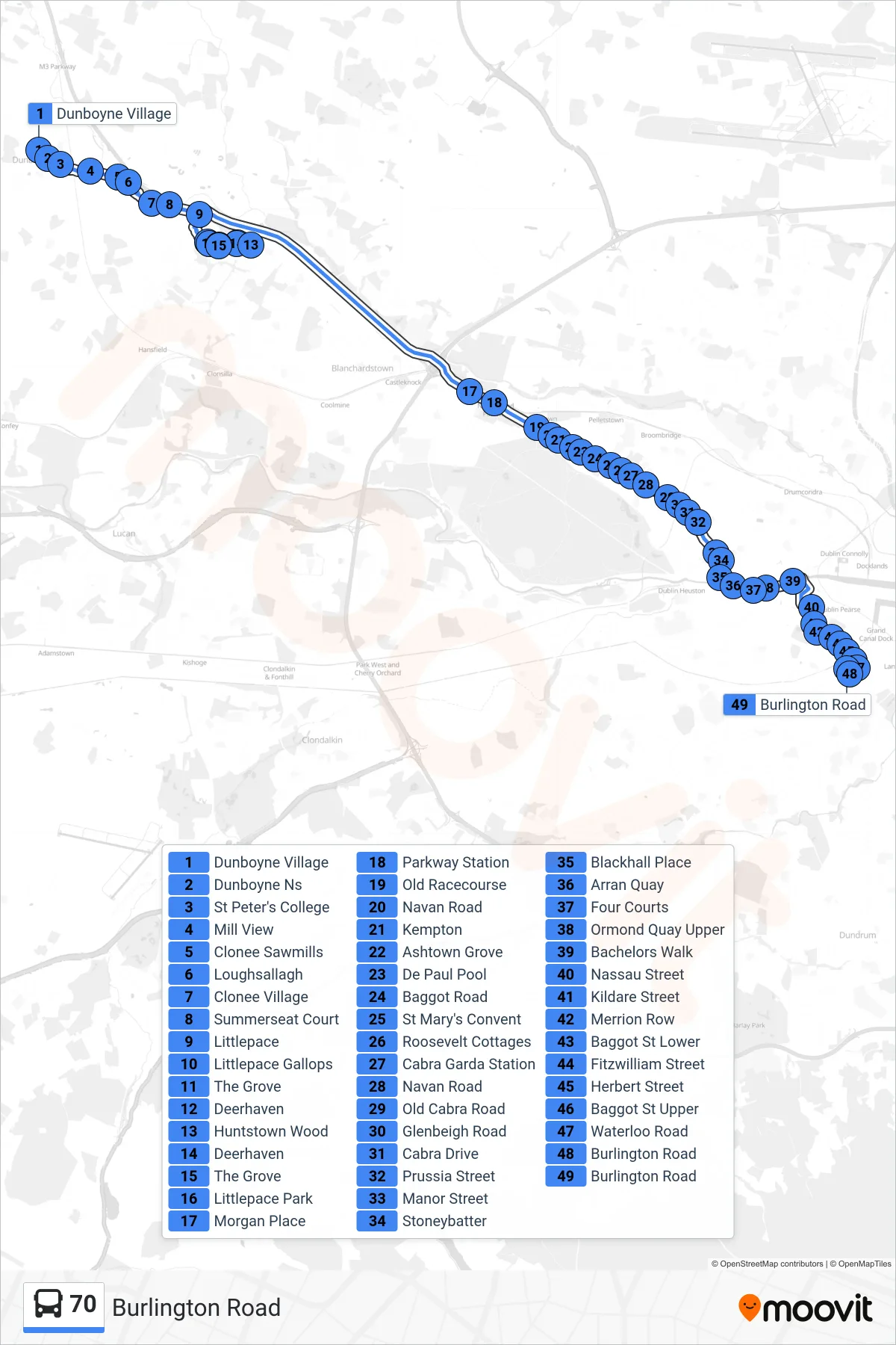 70 bus Line (Burlington Road) route and stops on a map