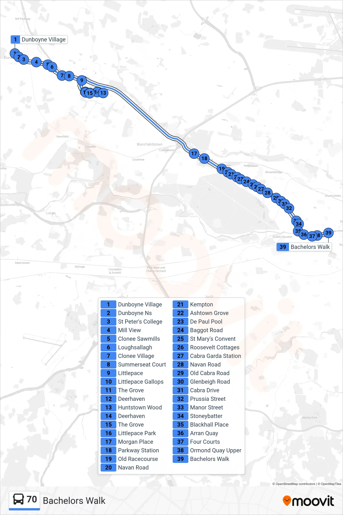 70 bus Line (Bachelors Walk) route and stops on a map