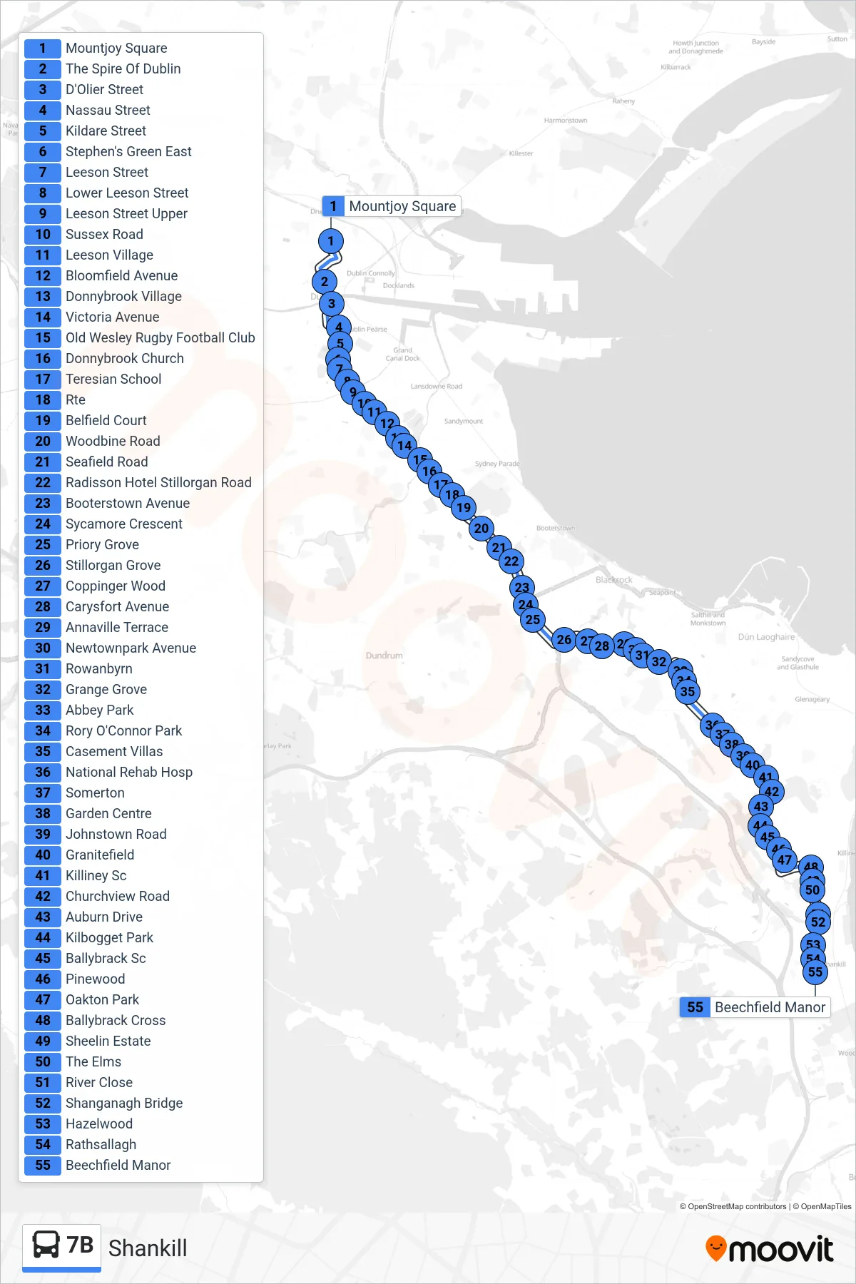 7B bus Line (Shankill) route and stops on a map