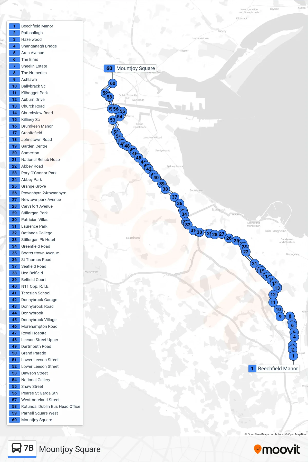 7B bus Line (Mountjoy Square) route and stops on a map