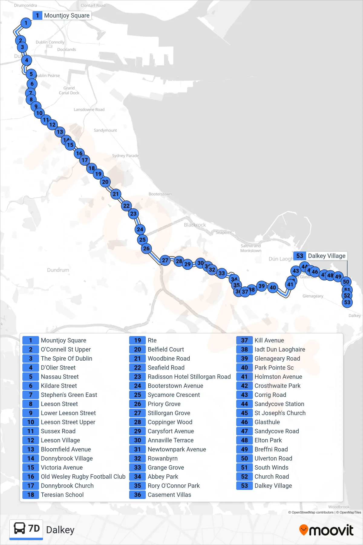 7D bus Line (Dalkey) route and stops on a map