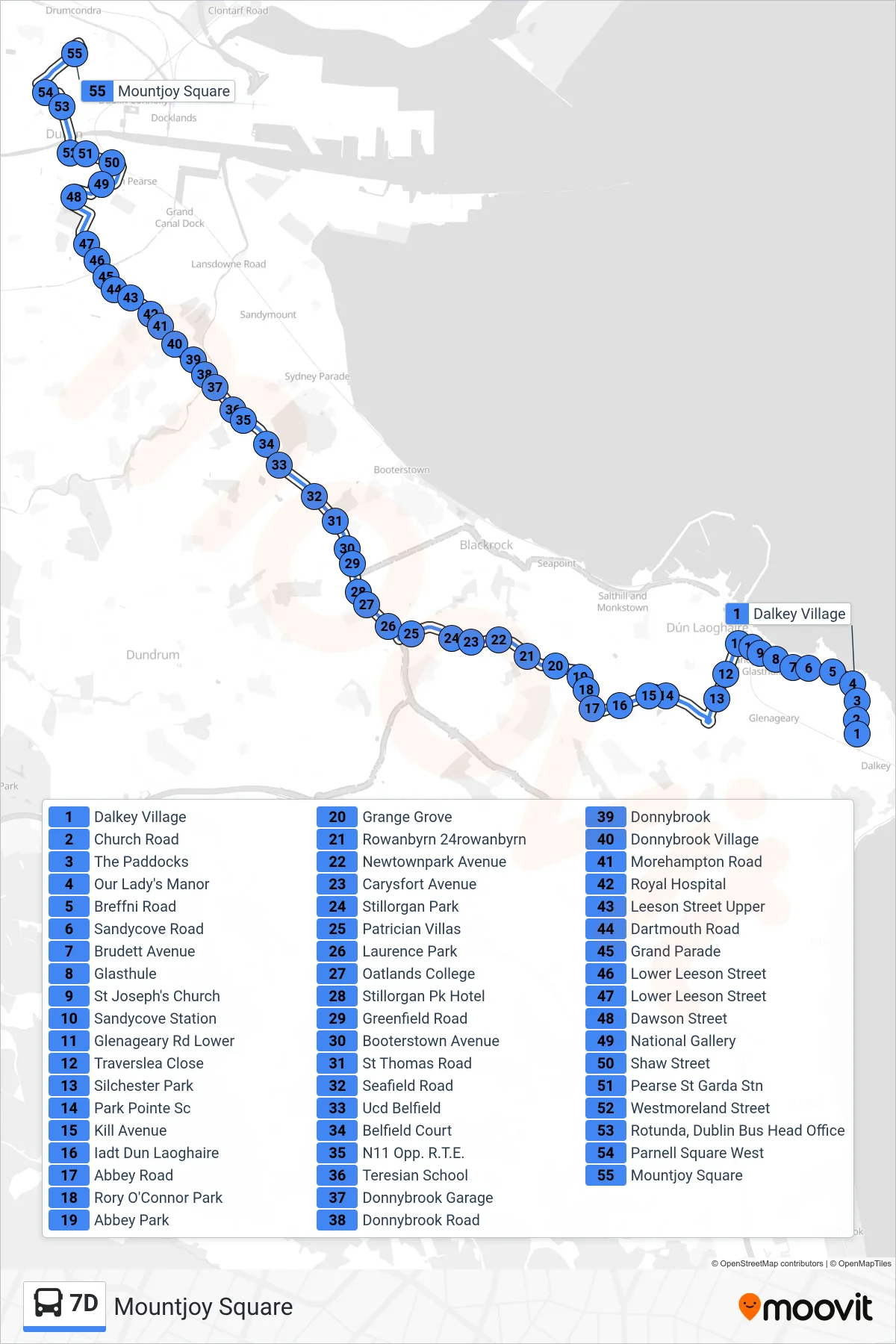 7D bus Line (Mountjoy Square) route and stops on a map