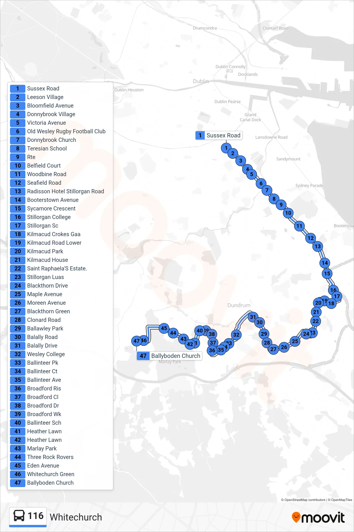 116 bus Line (Whitechurch) route and stops on a map