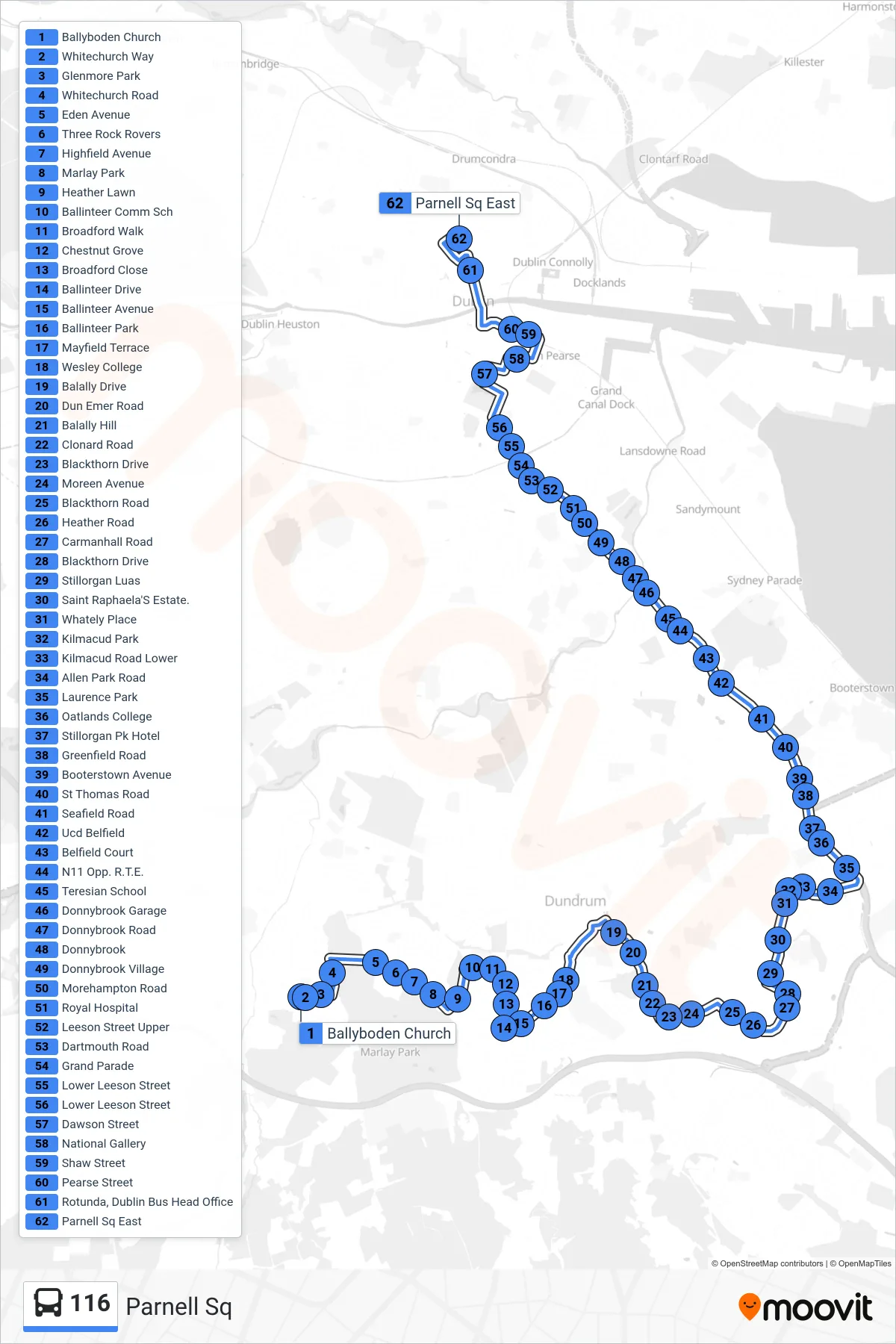 116 bus Line (Parnell Sq) route and stops on a map