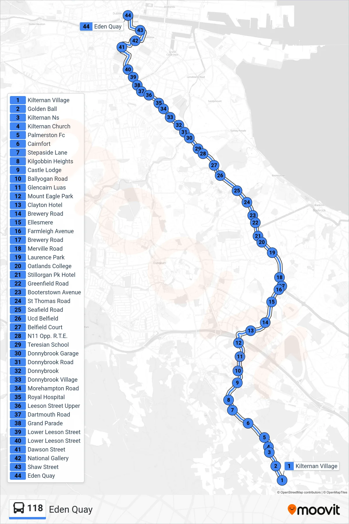 118 bus Line (Eden Quay) route and stops on a map