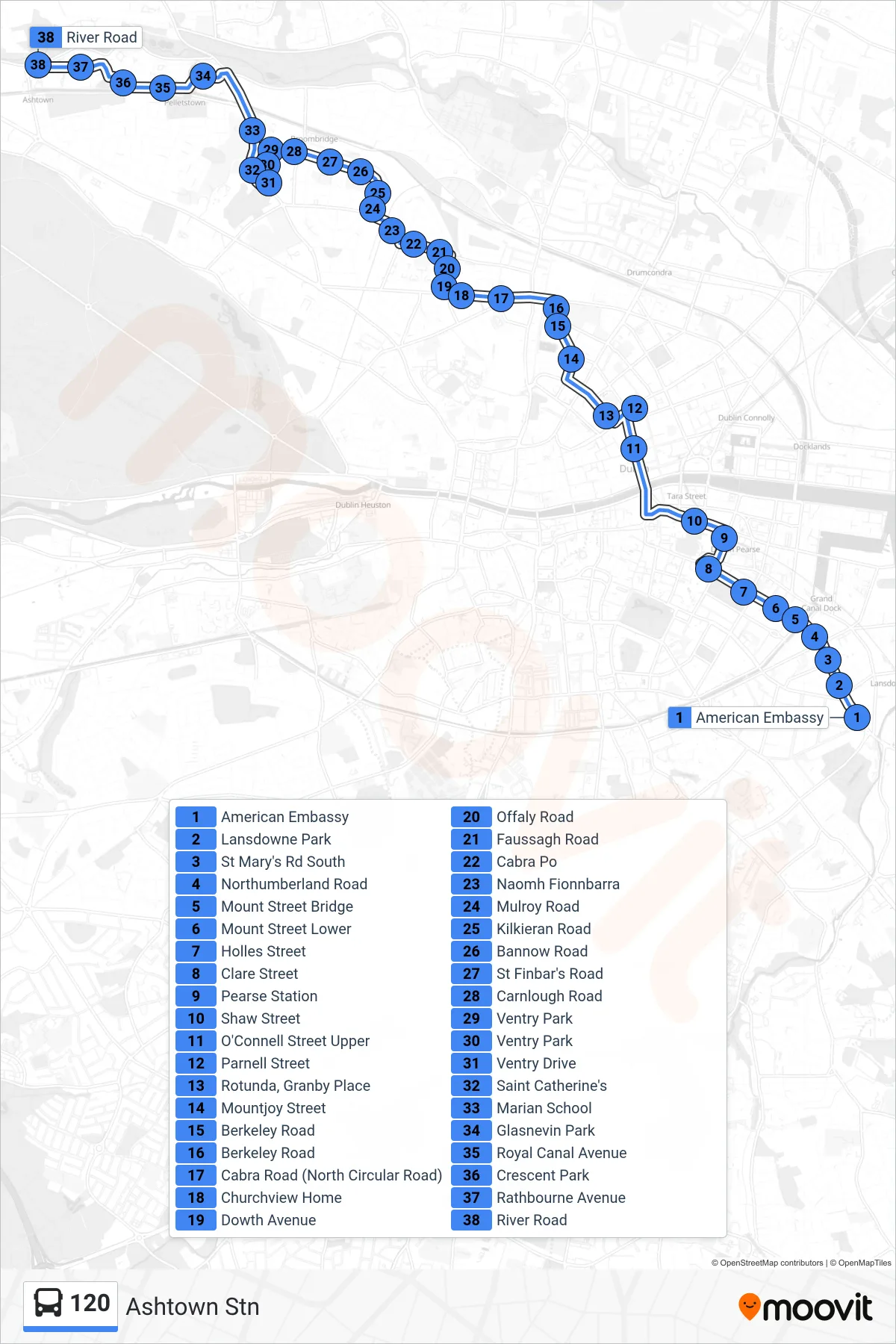 120 bus Line (Ashtown Stn) route and stops on a map