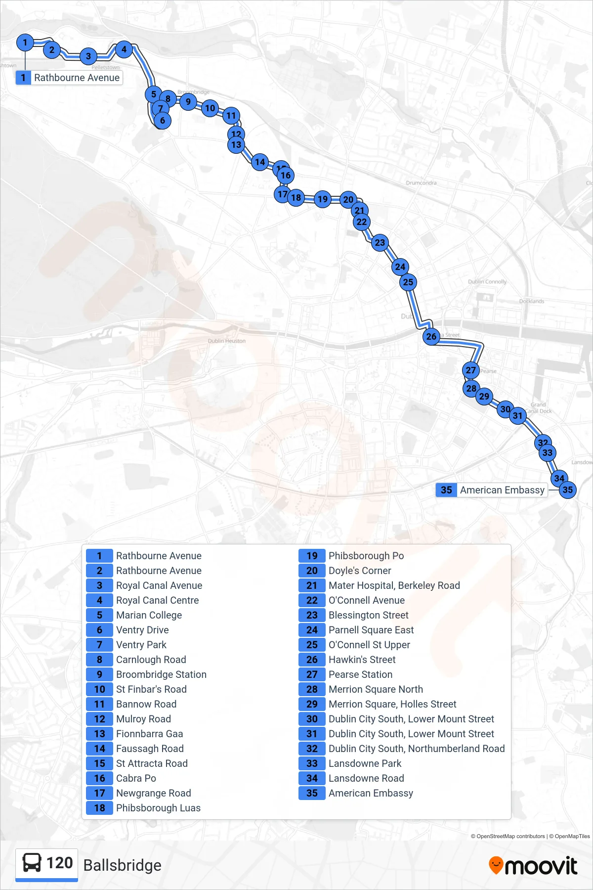 120 bus Line (Ballsbridge) route and stops on a map