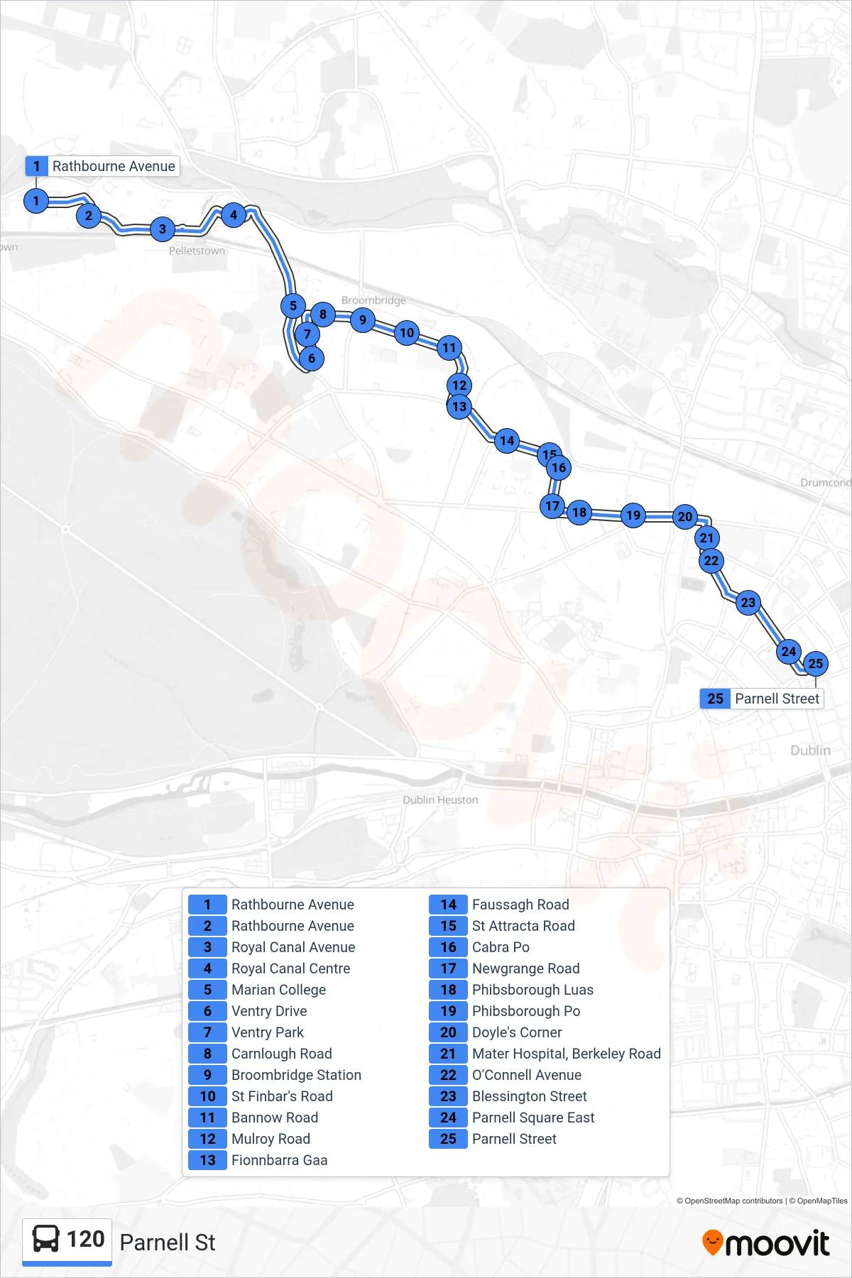 120 bus Line (Parnell St) route and stops on a map