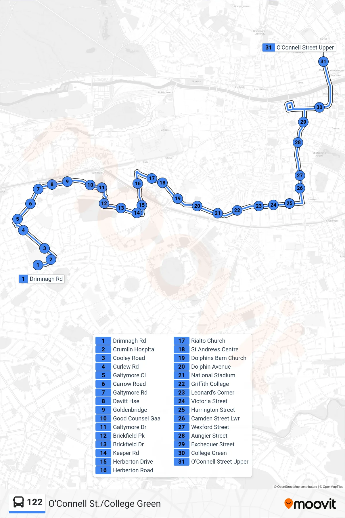 122 bus Line (O'Connell St./College Green) route and stops on a map