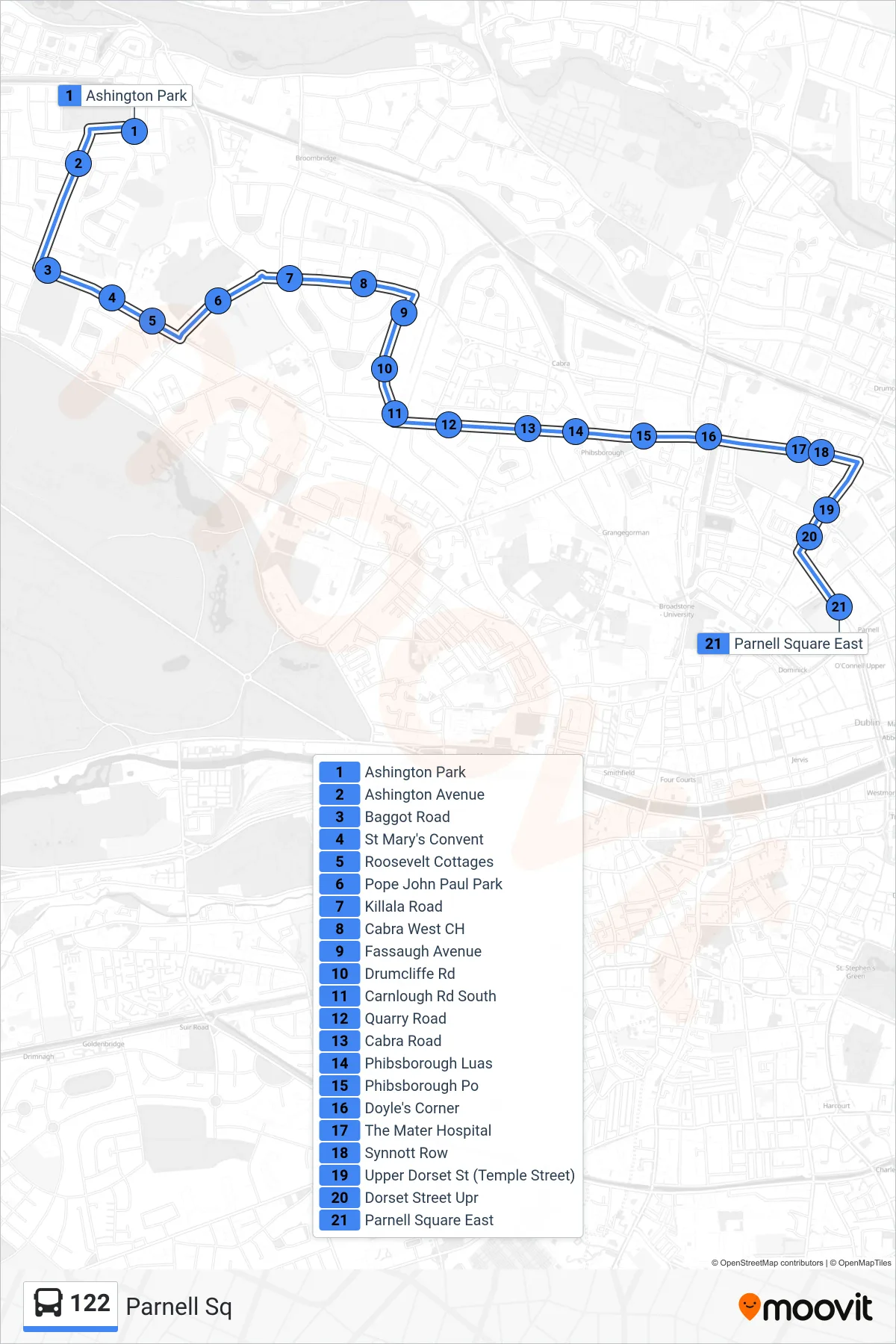 122 bus Line (Parnell Sq) route and stops on a map