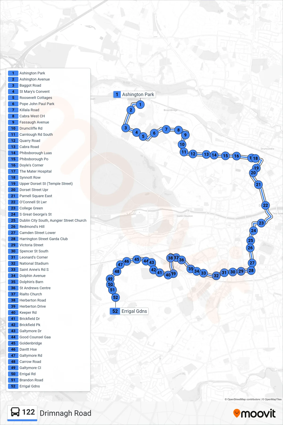 122 bus Line (Drimnagh Road) route and stops on a map