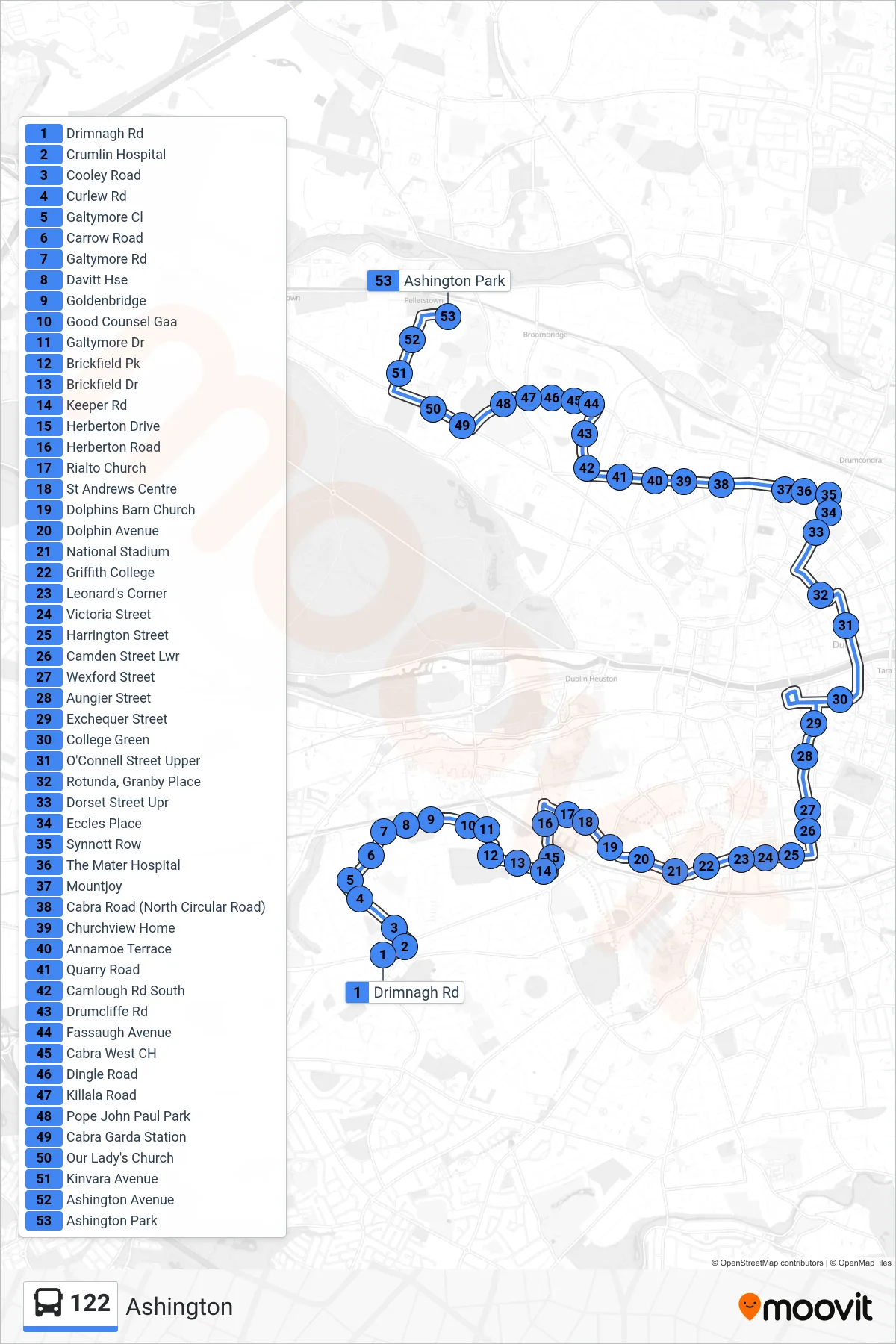 122 bus Line (Ashington) route and stops on a map