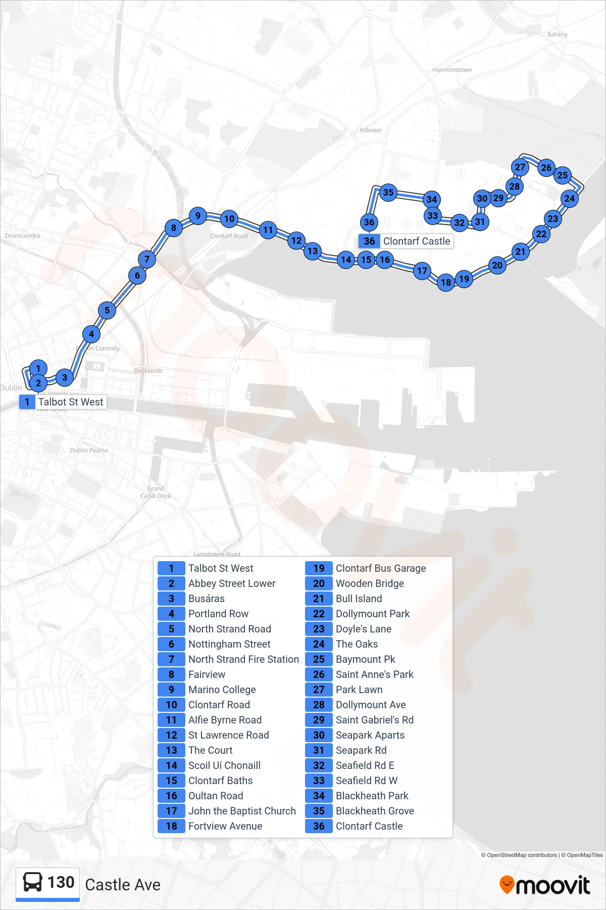 130 bus Line (Castle Ave) route and stops on a map