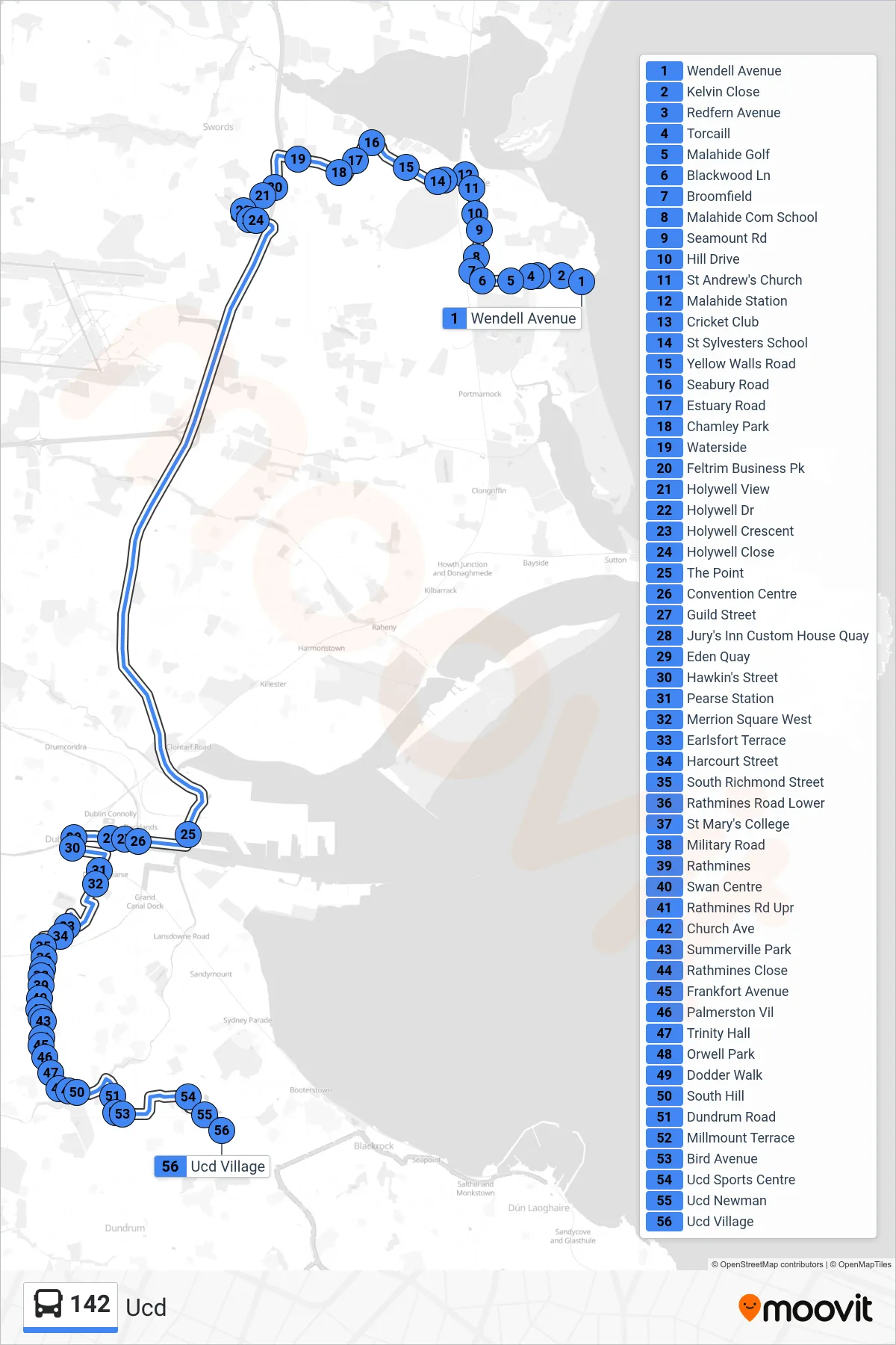 142 bus Line (Ucd) route and stops on a map