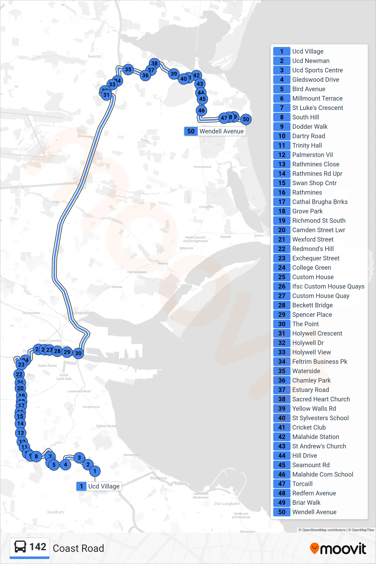 142 bus Line (Coast Road) route and stops on a map