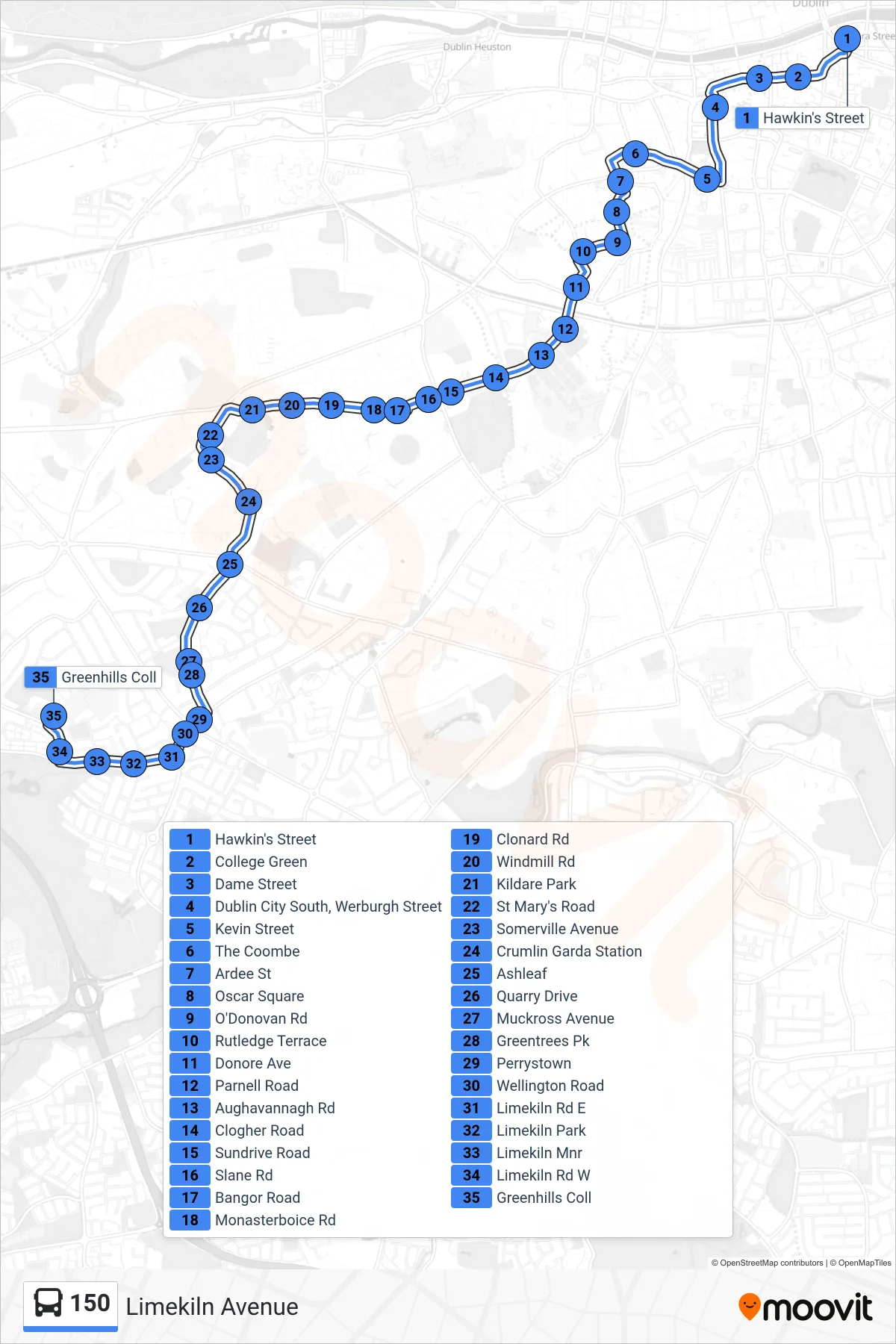 150 bus Line (Limekiln Avenue) route and stops on a map