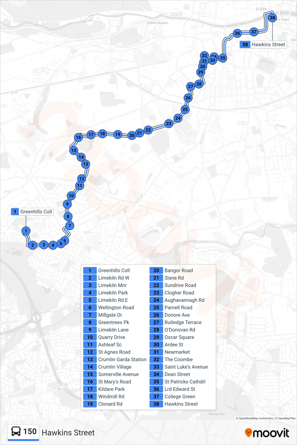 150 bus Line (Hawkins Street) route and stops on a map