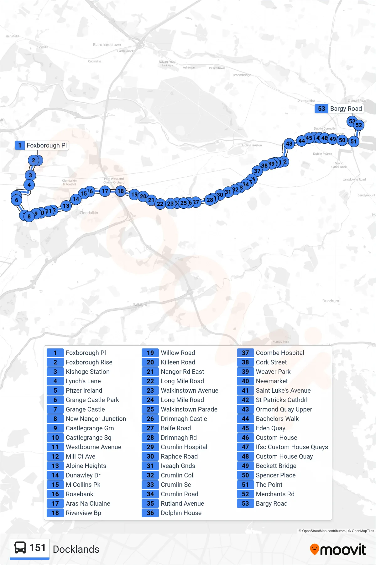 151 bus Line (Docklands) route and stops on a map