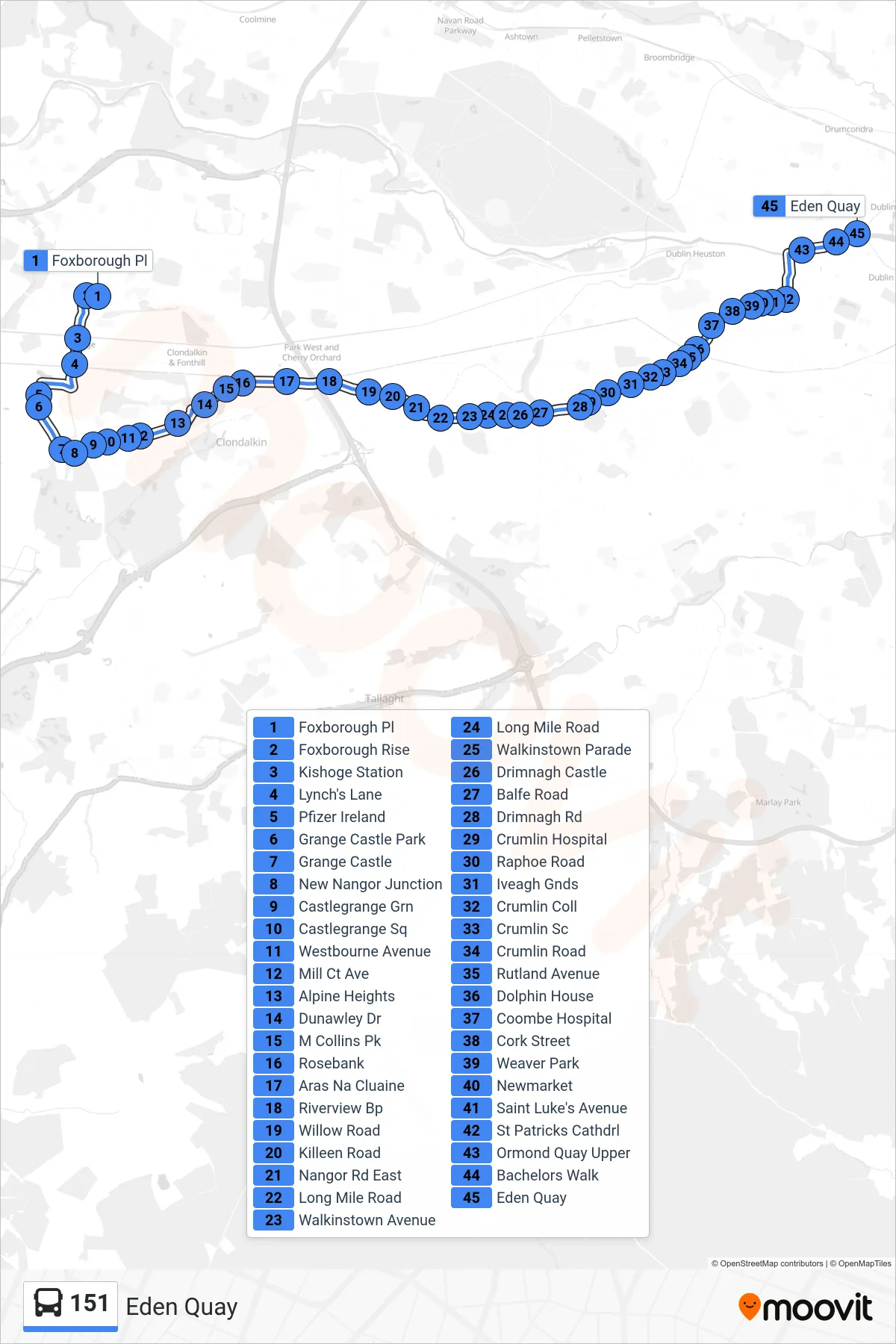151 bus Line (Eden Quay) route and stops on a map