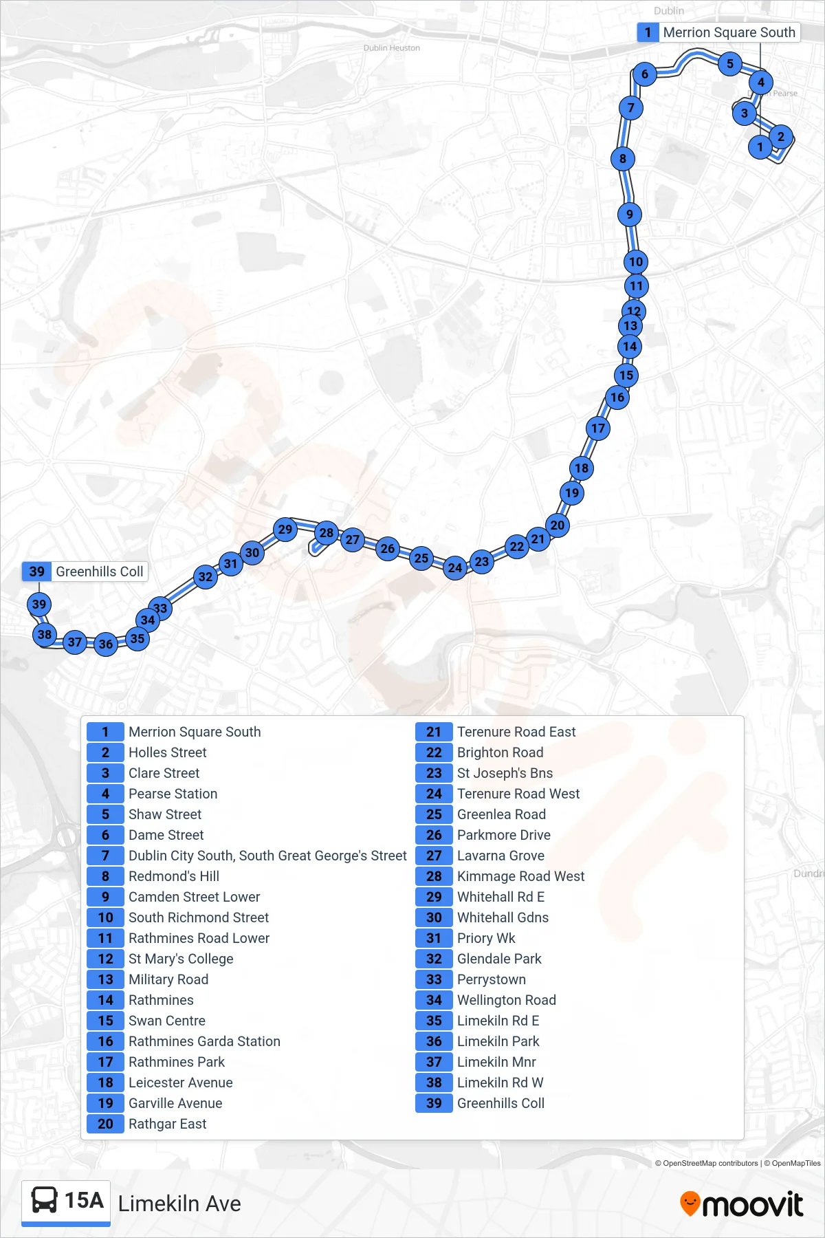 15A bus Line (Limekiln Ave) route and stops on a map