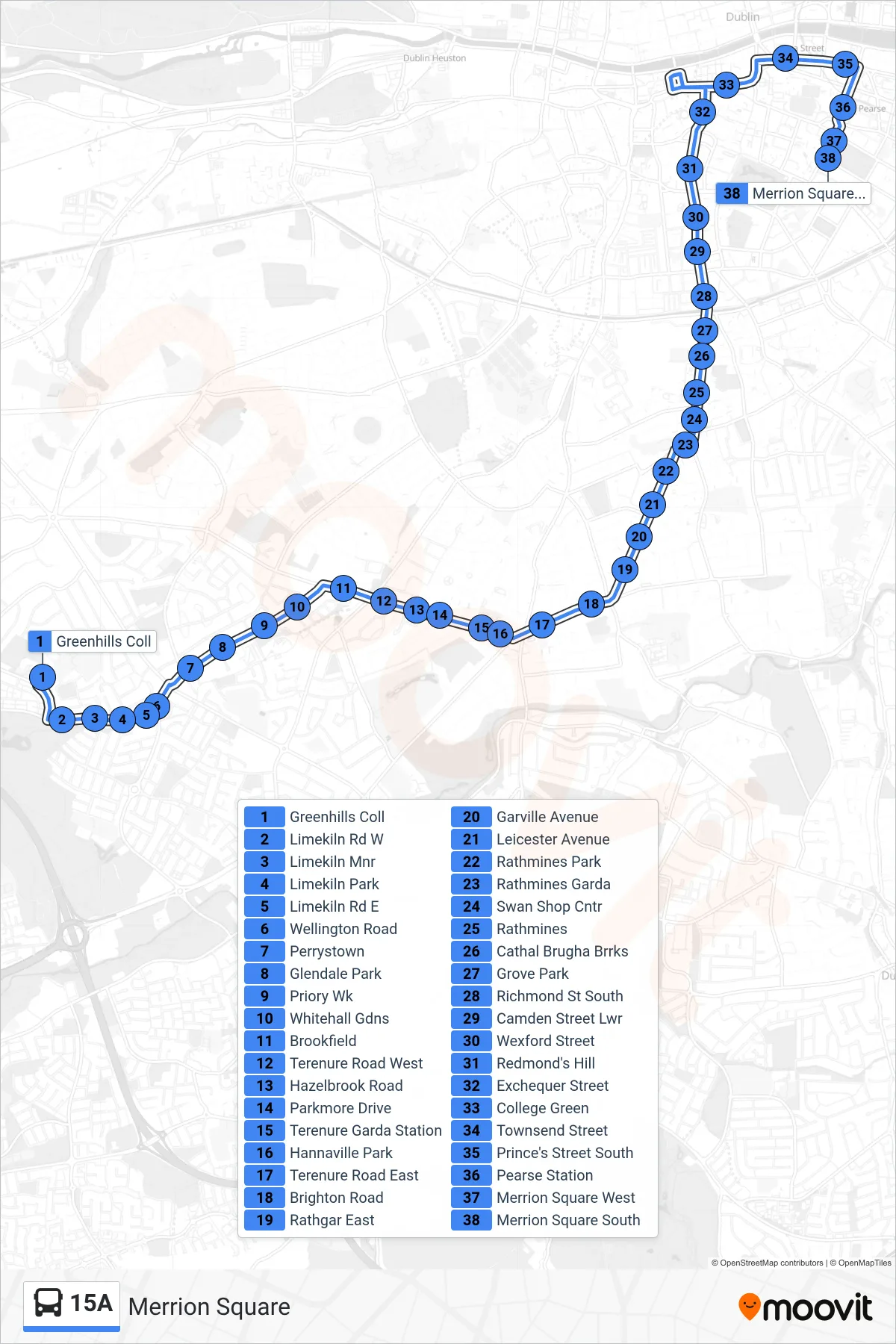 15A bus Line (Merrion Square) route and stops on a map