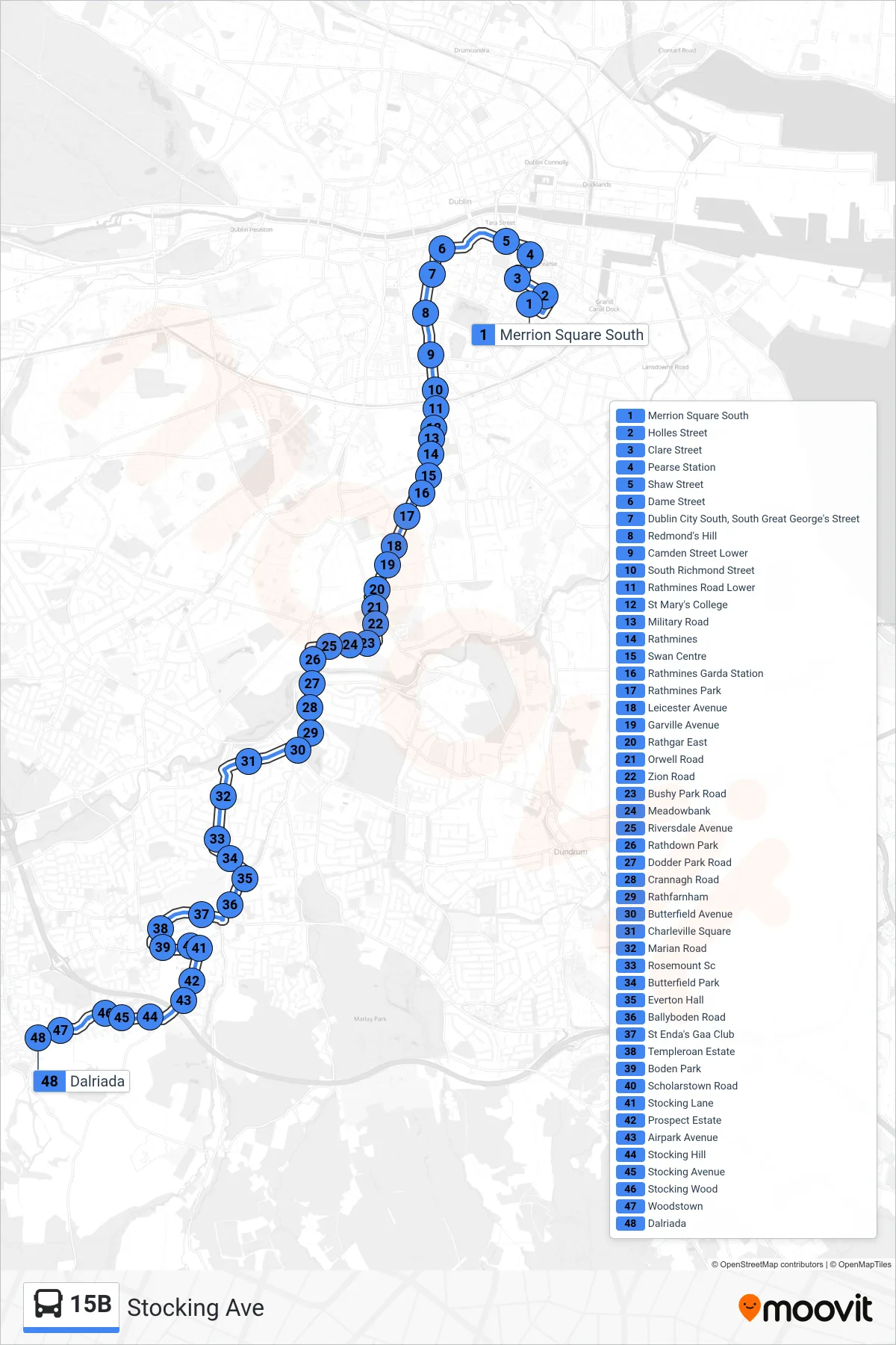 15B bus Line (Stocking Ave) route and stops on a map