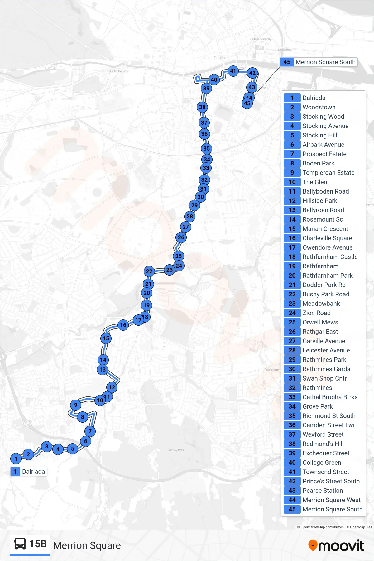 15B bus Line (Merrion Square) route and stops on a map