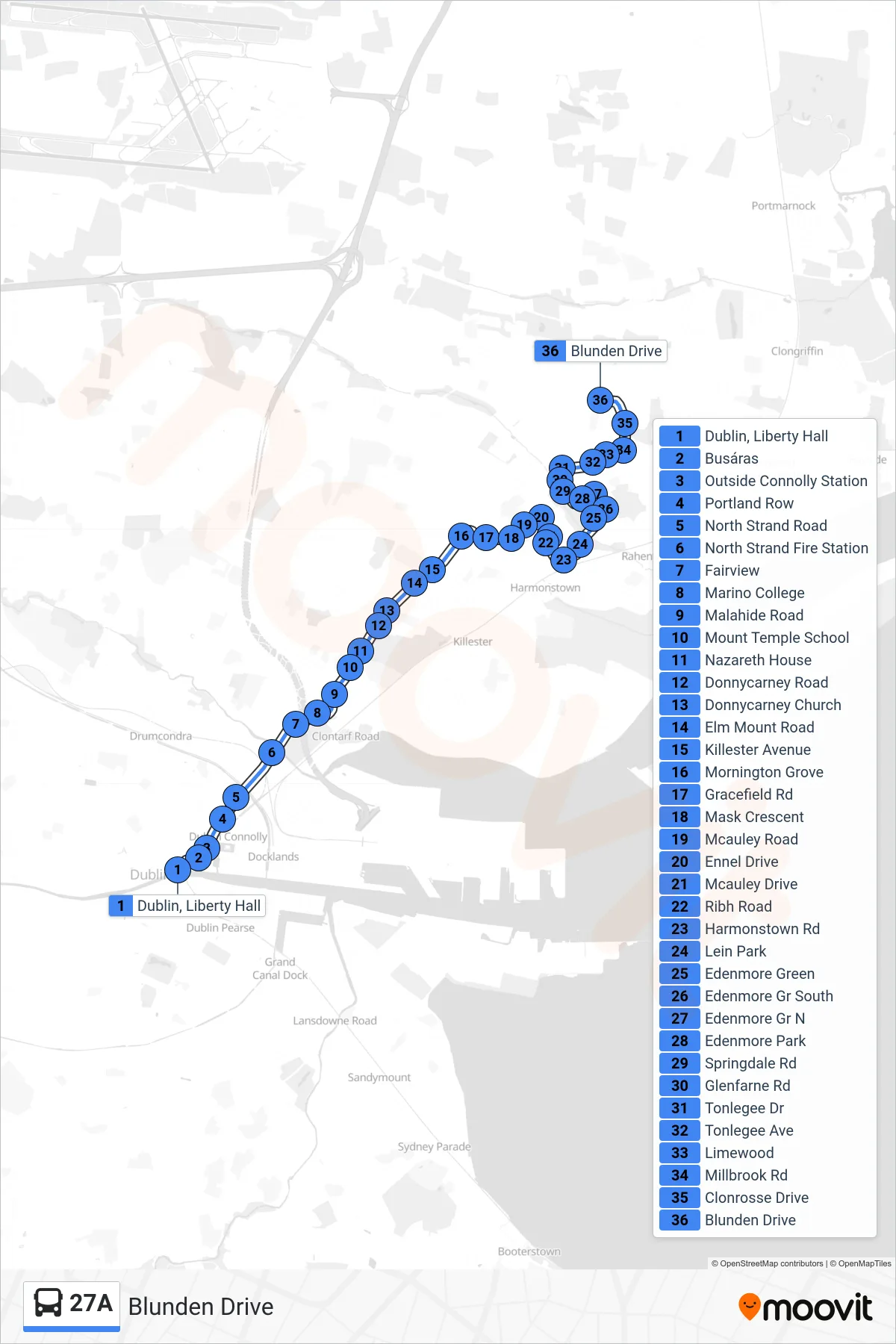 27A bus Line (Blunden Drive) route and stops on a map