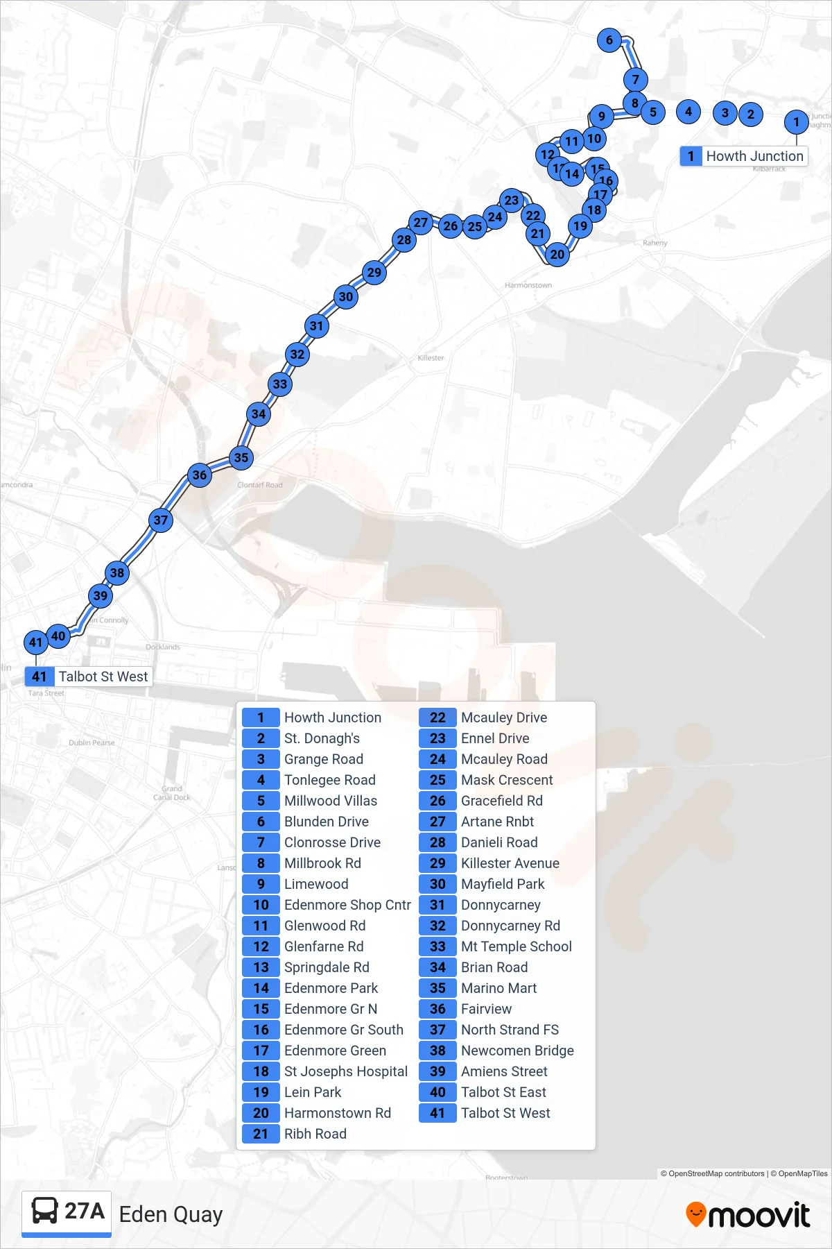 27A bus Line (Eden Quay) route and stops on a map