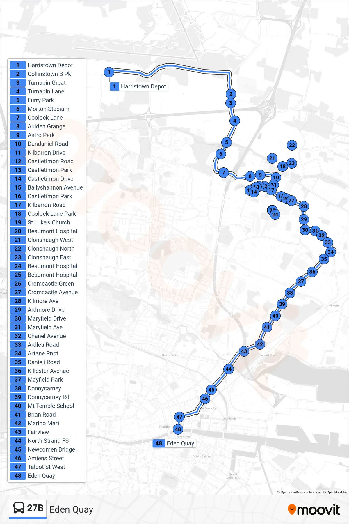 27B bus Line (Eden Quay) route and stops on a map