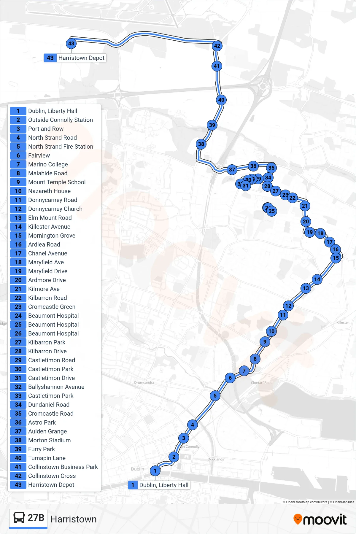27B bus Line (Harristown) route and stops on a map