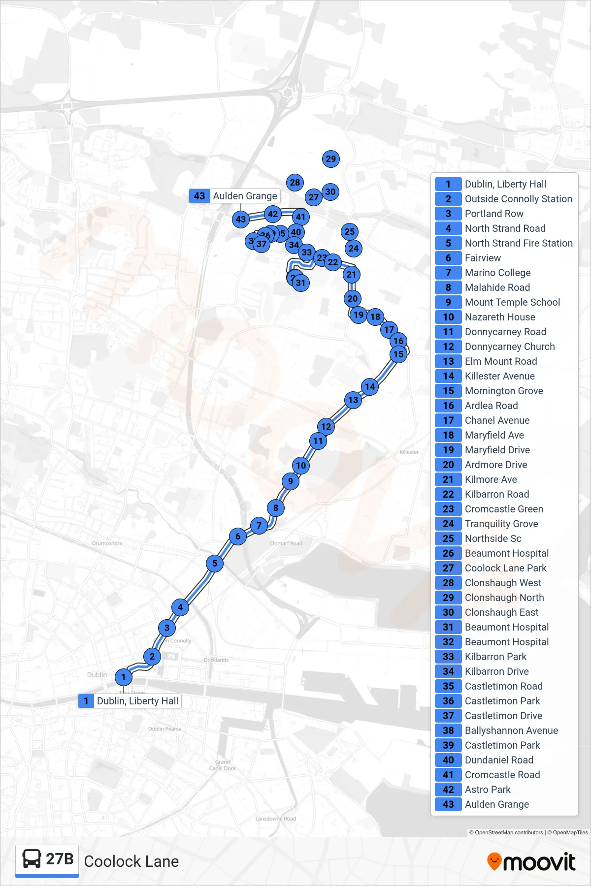 27B bus Line (Coolock Lane) route and stops on a map