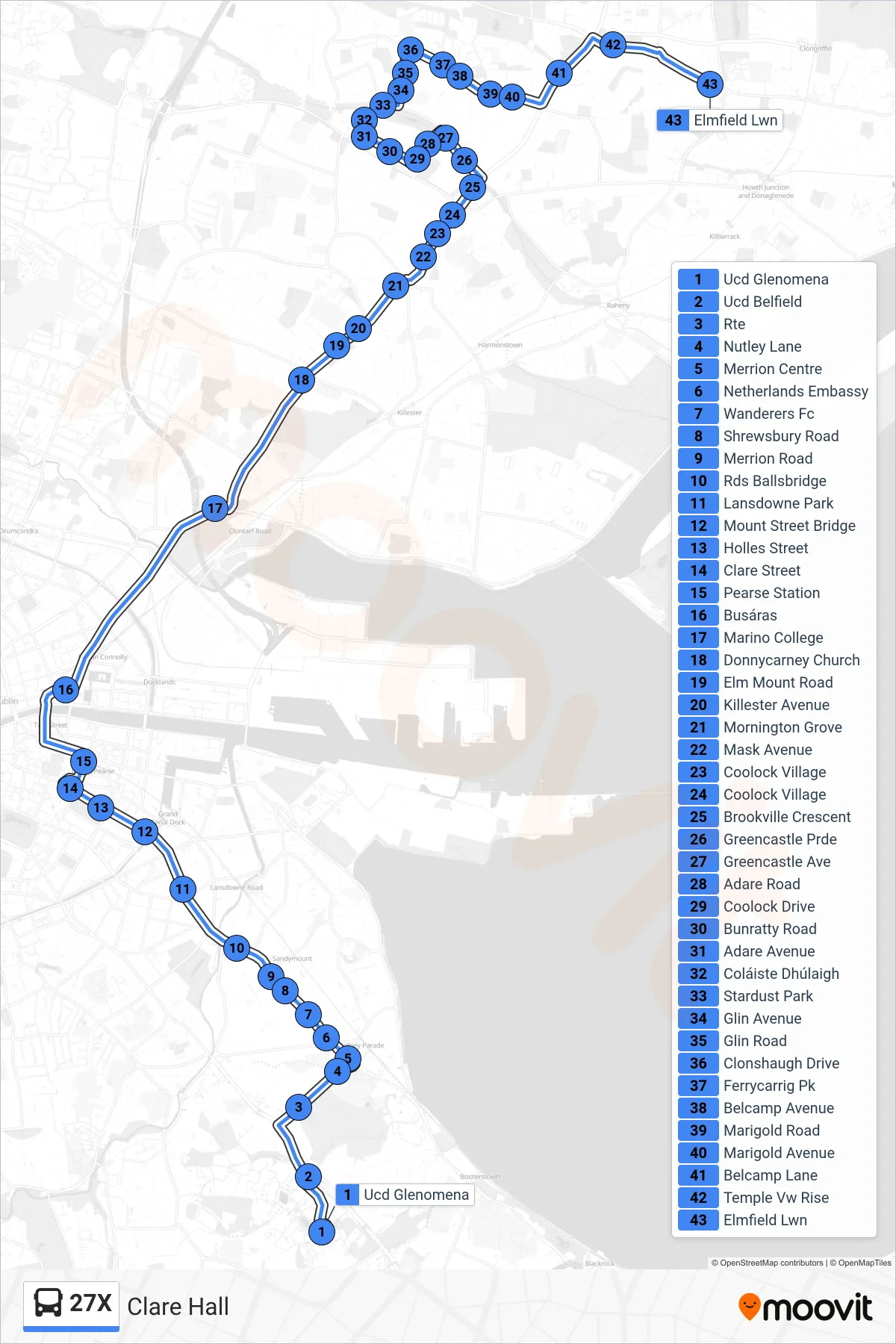27X bus Line (Clare Hall) route and stops on a map