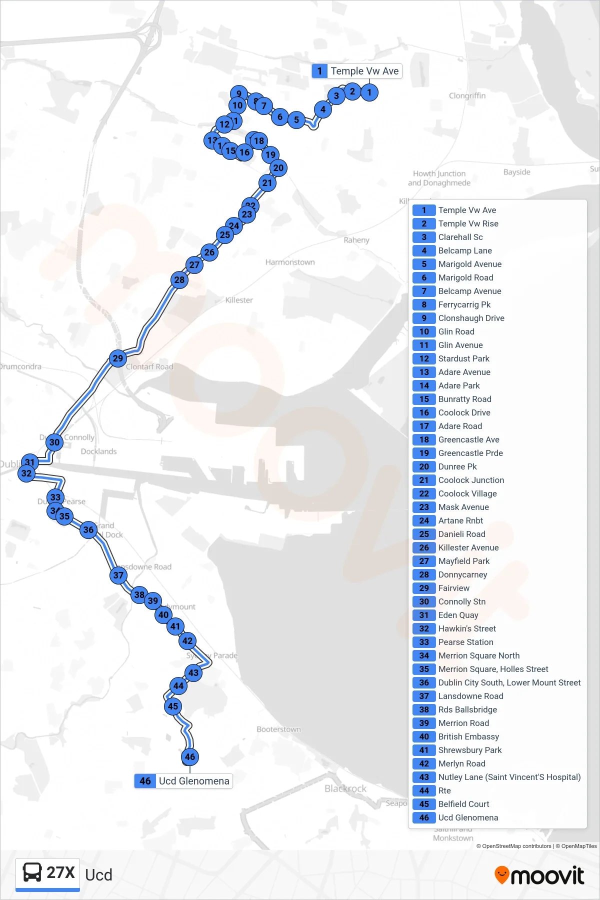 27X bus Line (Ucd) route and stops on a map