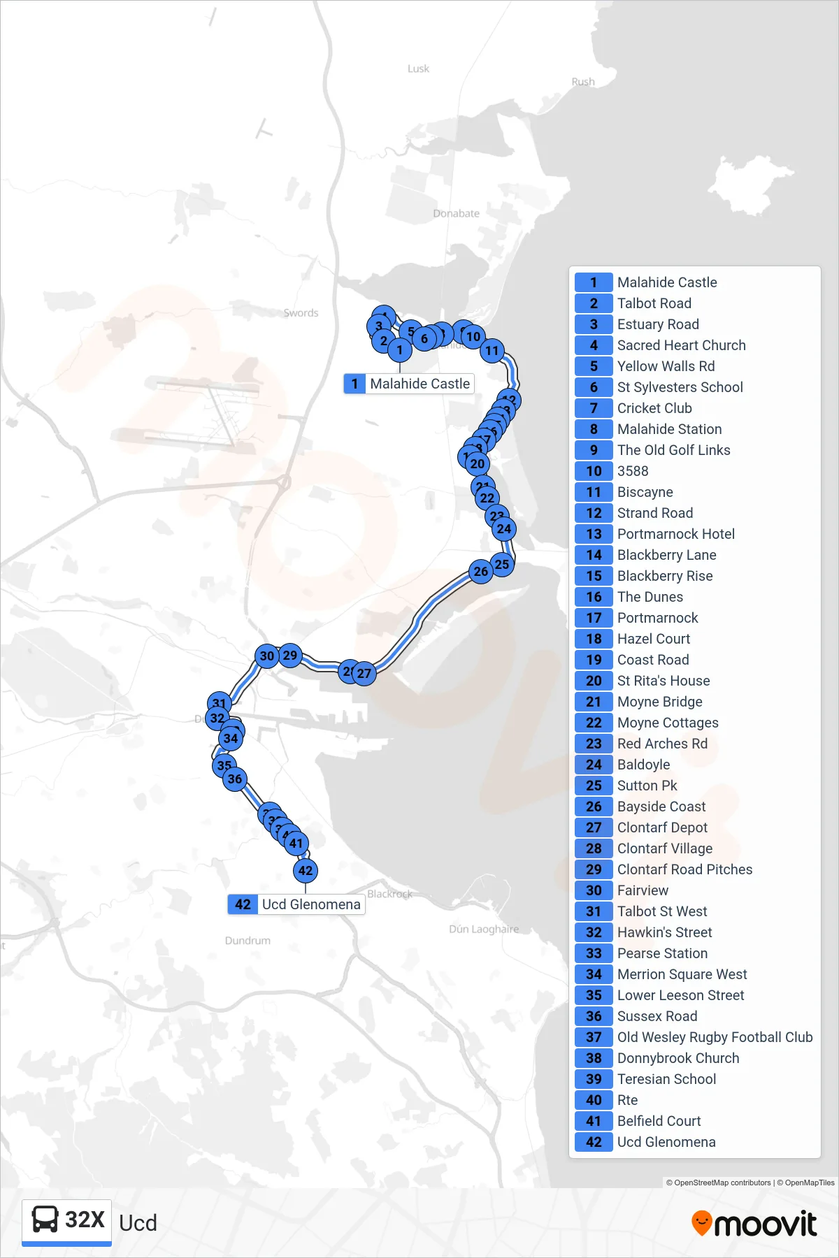 32X bus Line (Ucd) route and stops on a map