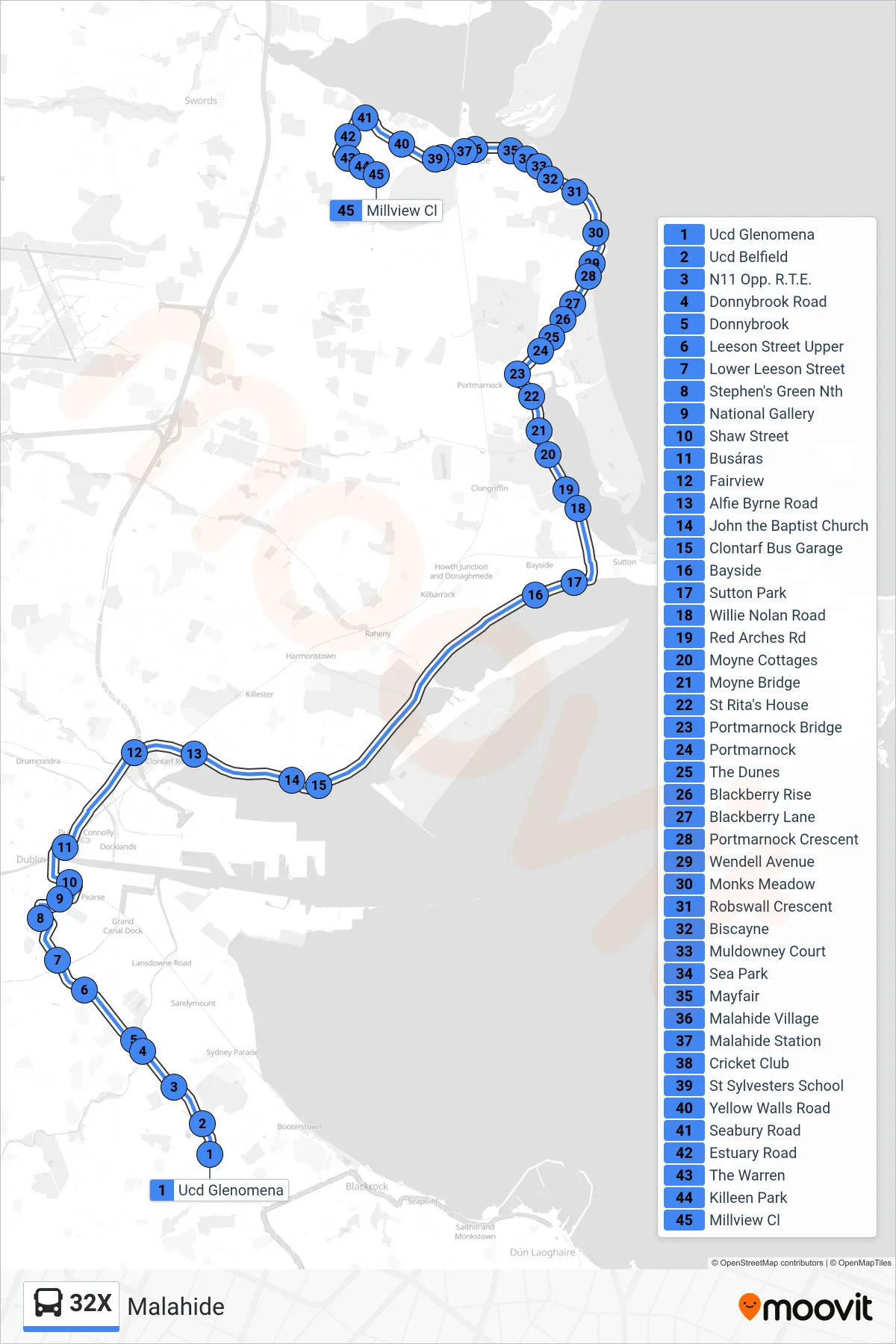 32X bus Line (Malahide) route and stops on a map