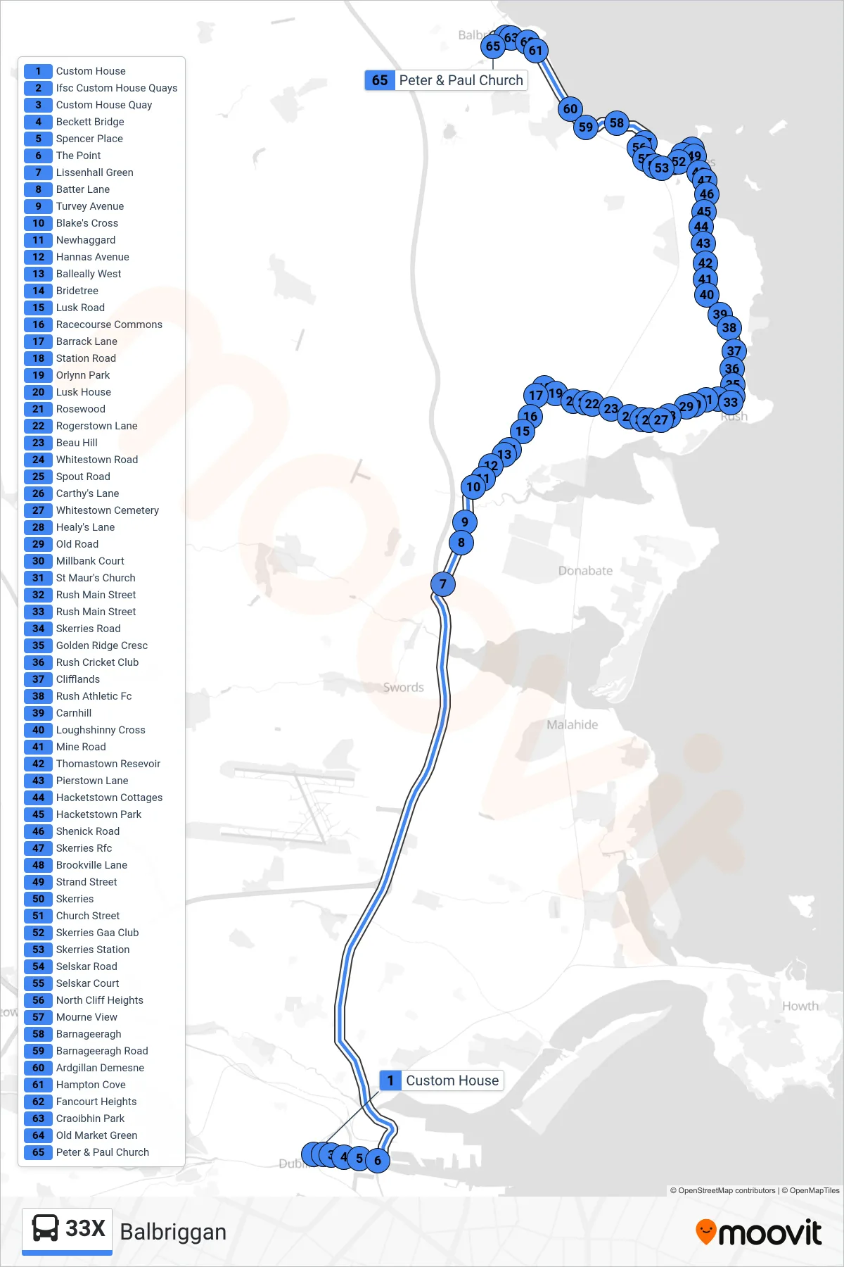 33X bus Line (Balbriggan) route and stops on a map