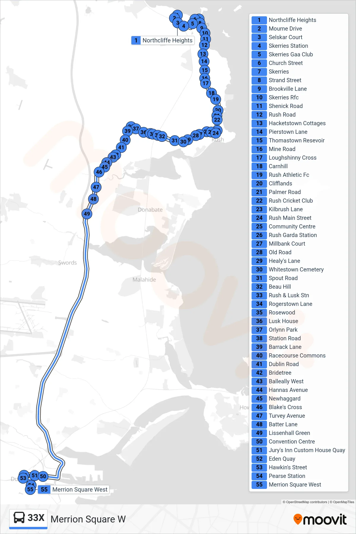 33X bus Line (Merrion Square W) route and stops on a map