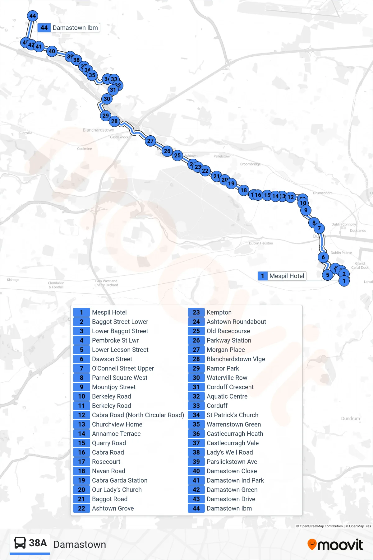 38A bus Line (Damastown) route and stops on a map
