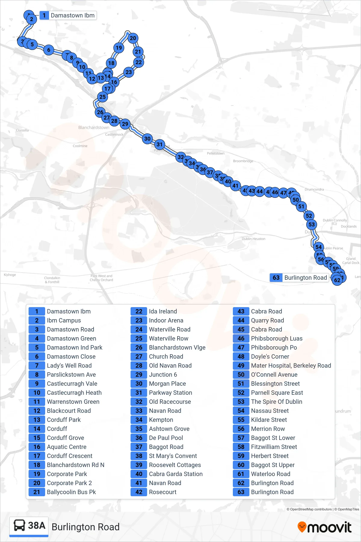 38A bus Line (Burlington Road) route and stops on a map