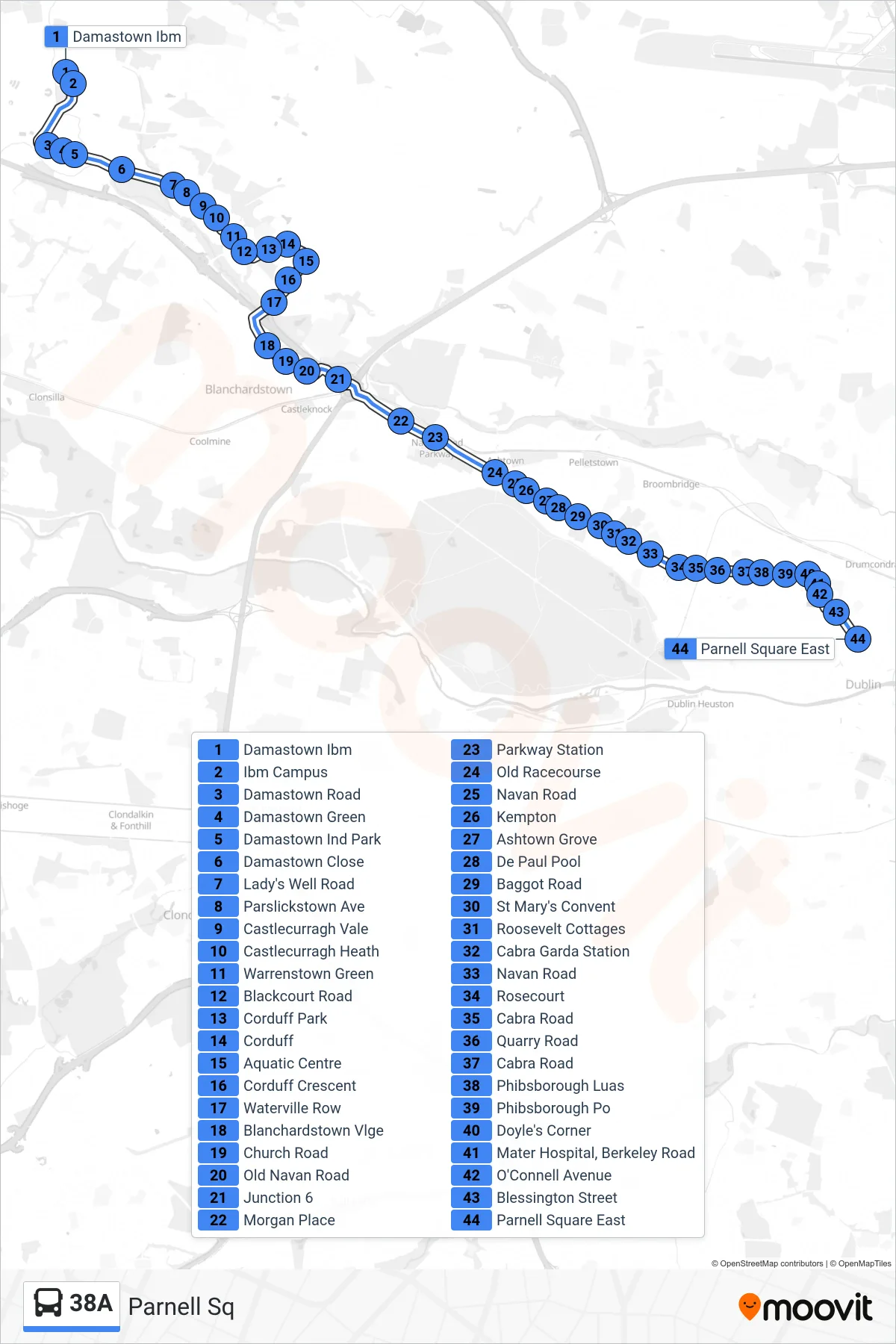 38A bus Line (Parnell Sq) route and stops on a map