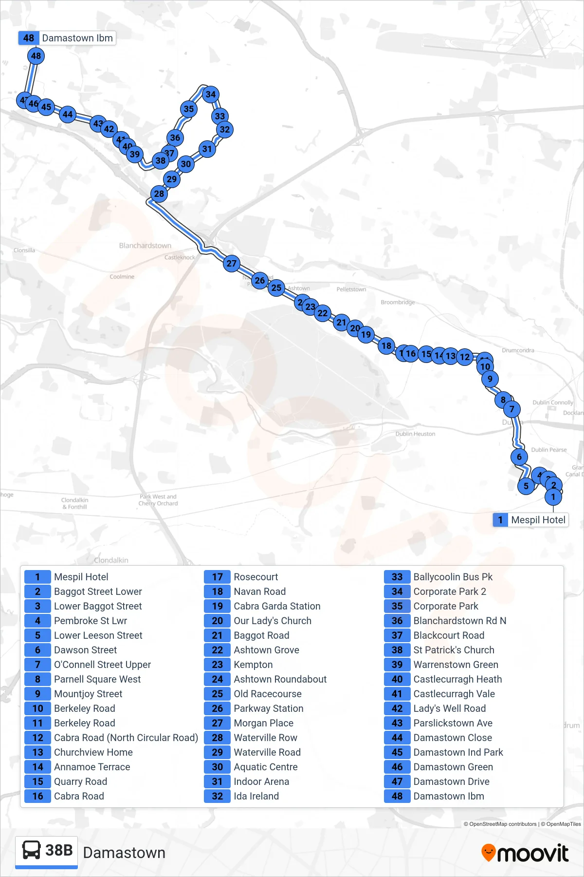38B bus Line (Damastown) route and stops on a map