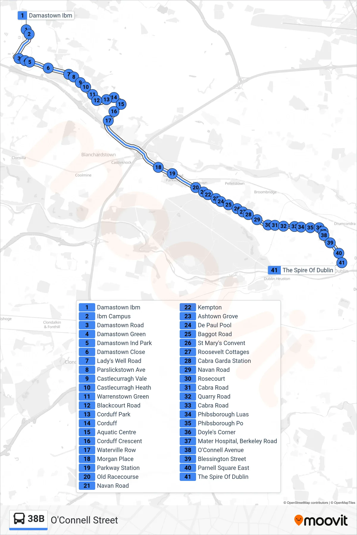 38B bus Line (O'Connell Street) route and stops on a map