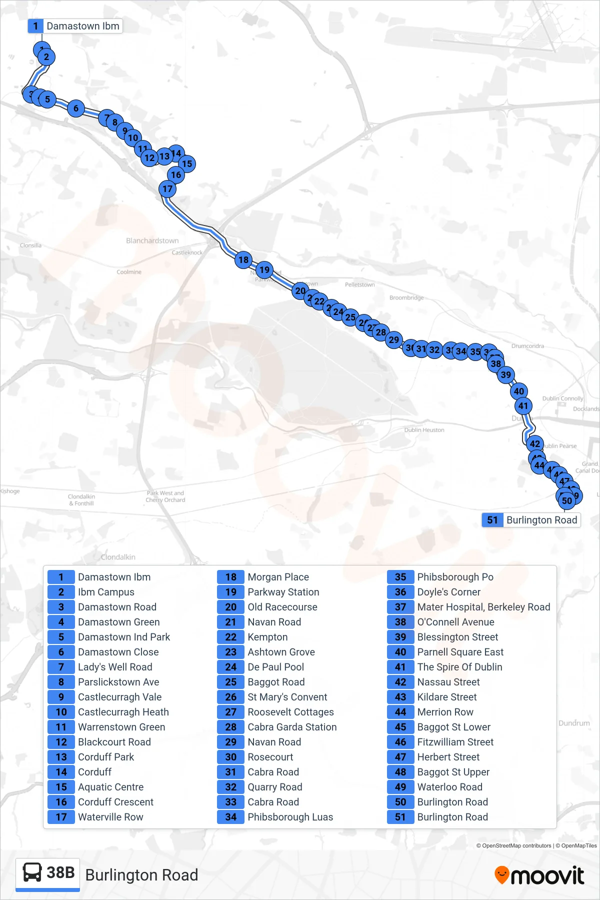 38B bus Line (Burlington Road) route and stops on a map
