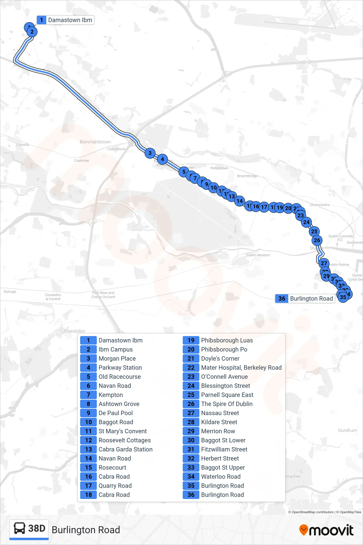 38D bus Line (Burlington Road) route and stops on a map