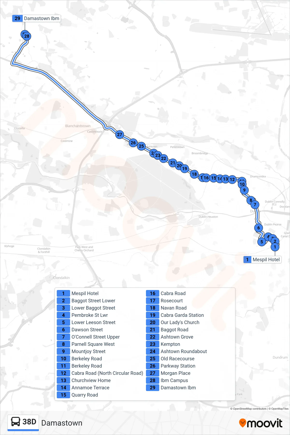 38D bus Line (Damastown) route and stops on a map
