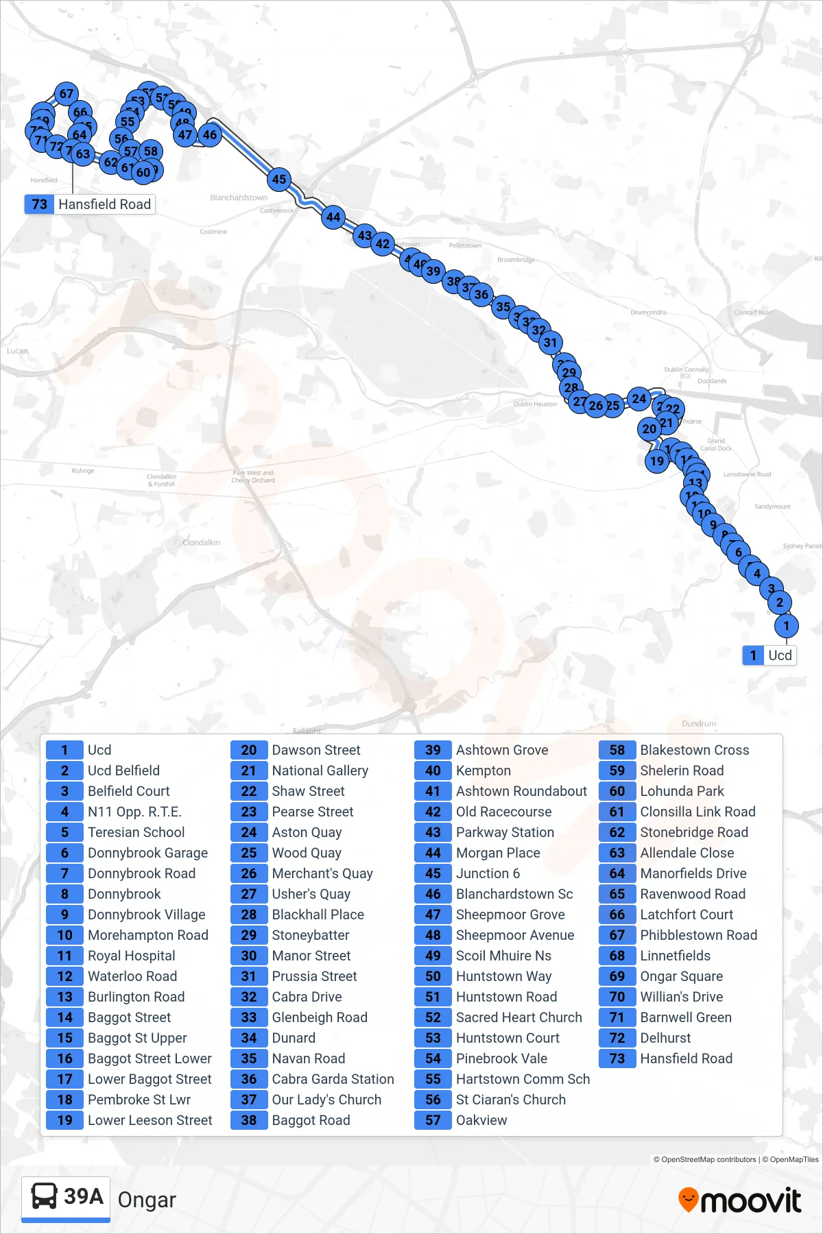 39A bus Line (Ongar) route and stops on a map